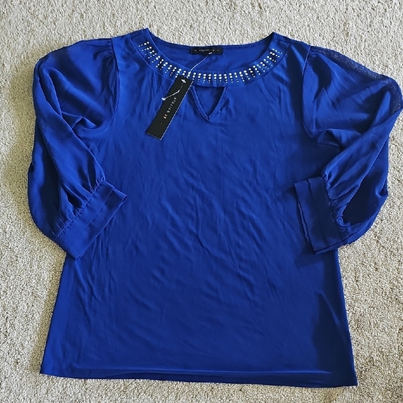 atelier 29 Tops - Blue Embellished Puff Sleeve Blouse